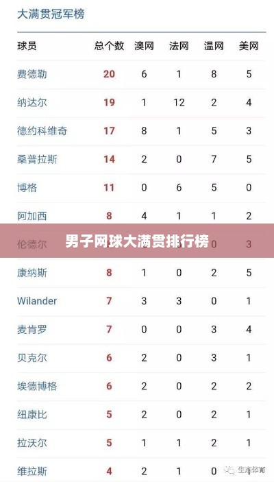 男子网球大满贯排行榜，男子网球大满贯最新排名榜